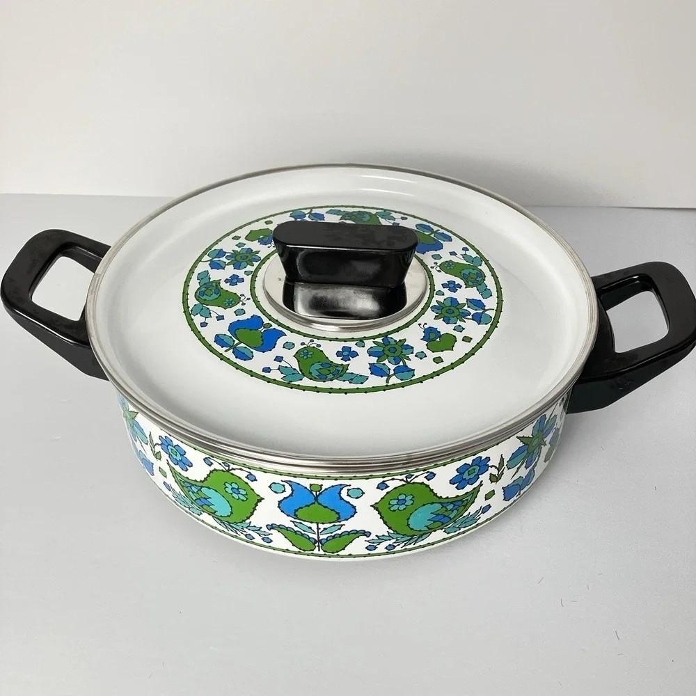 Vintage Fancipans Enamel Saucepan Lid Green Blue Bird Folk Art 1970s Retro Kitch